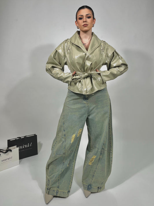 Giacca simil pelle con cintura-verde menta