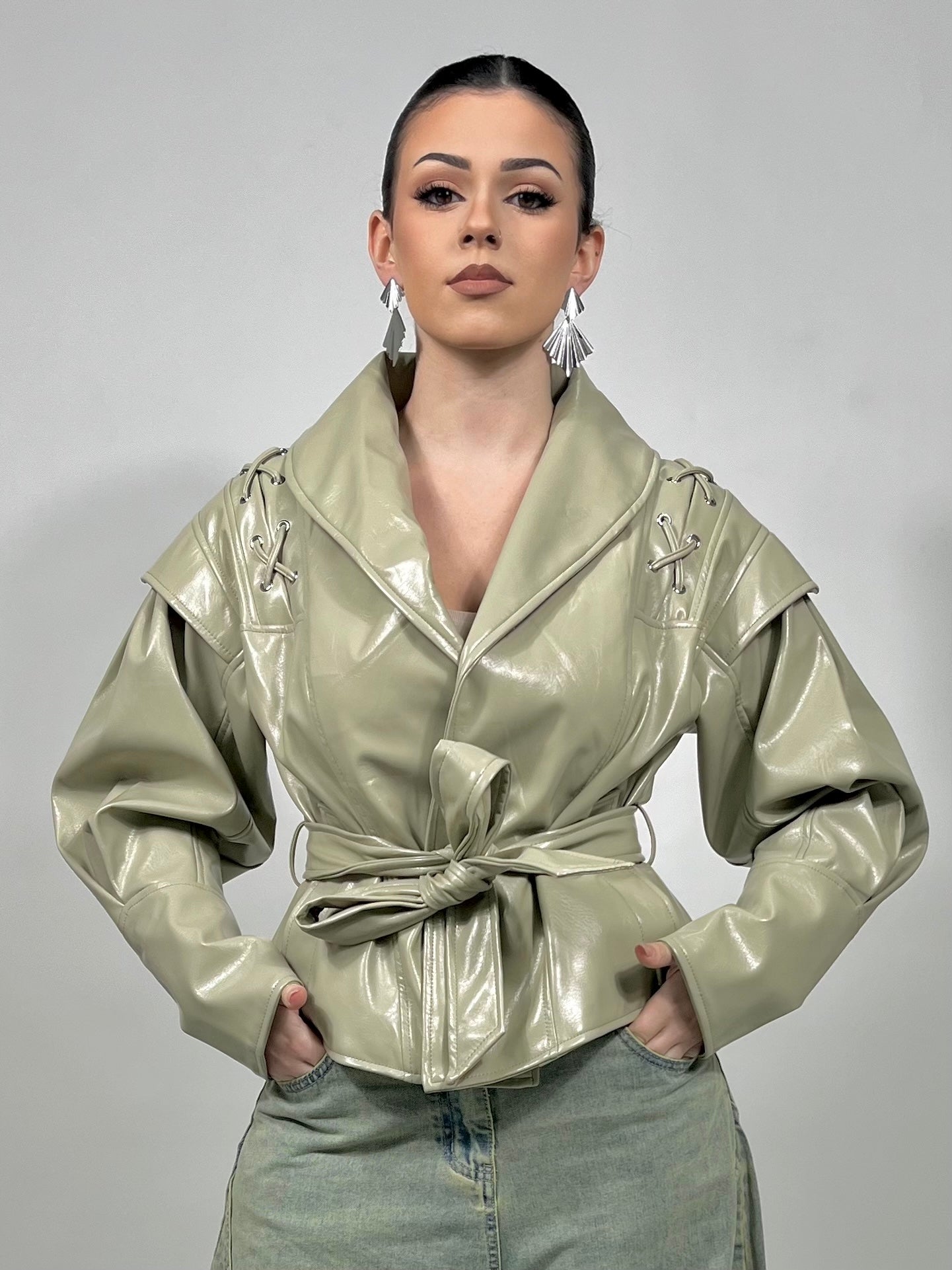 Giacca simil pelle con cintura-verde menta