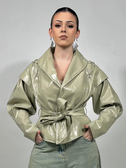 Faux leather jacket with belt - mint green