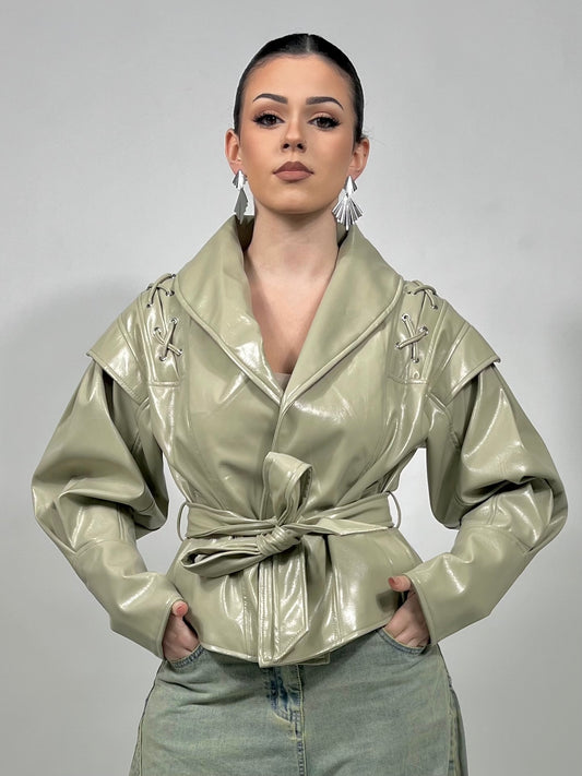 Giacca simil pelle con cintura-verde menta
