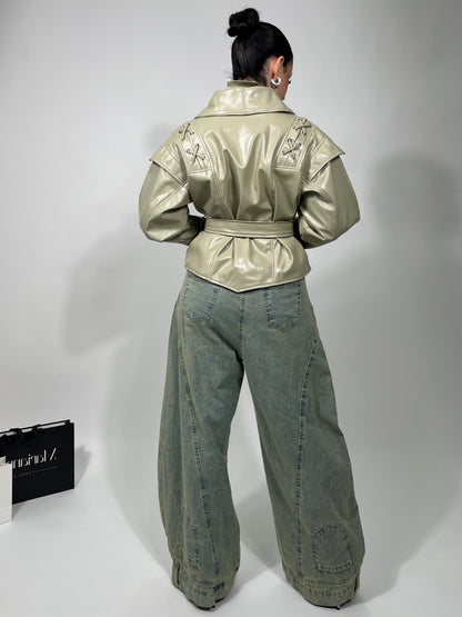 Faux leather jacket with belt - mint green
