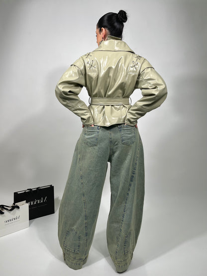 Faux leather jacket with belt - mint green